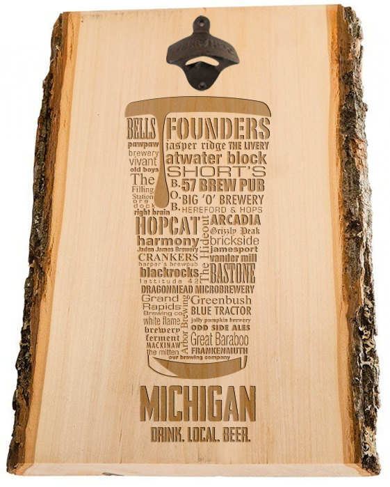 Custom Wall Mount Bottle Opener Laser Engraved Typography featuring Michigan state beers